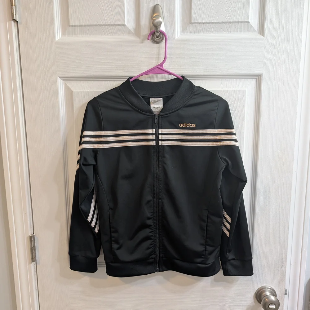 Adidas Youth Black With Rose‎ Gold Stripes Full Zip Track Jacket - Size XL